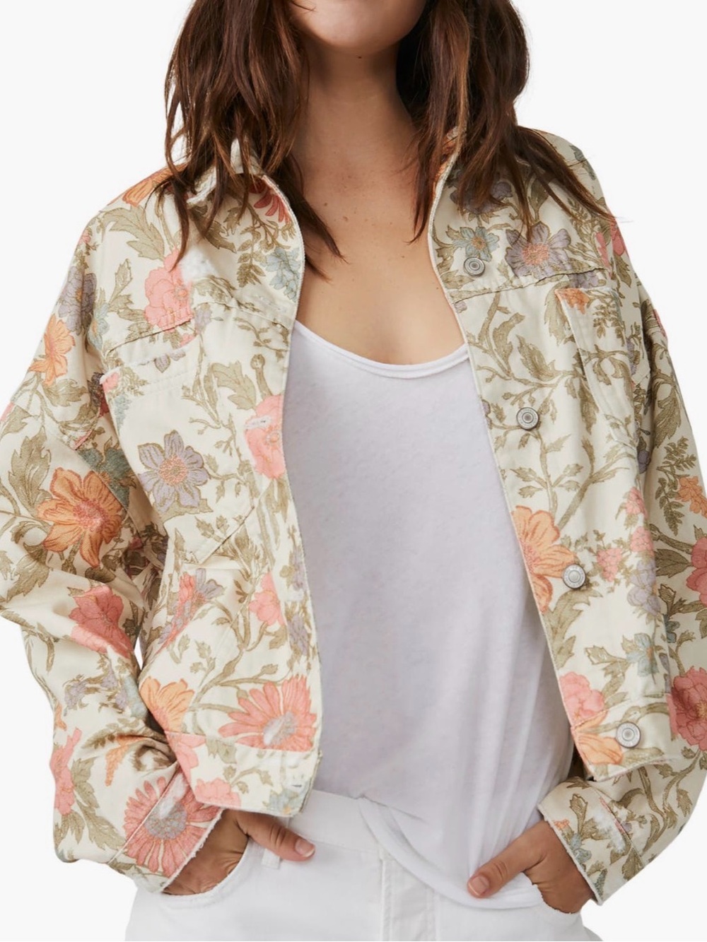 Free People We the Free Opal Floral Pattern Cream Cropped Denim Jacket